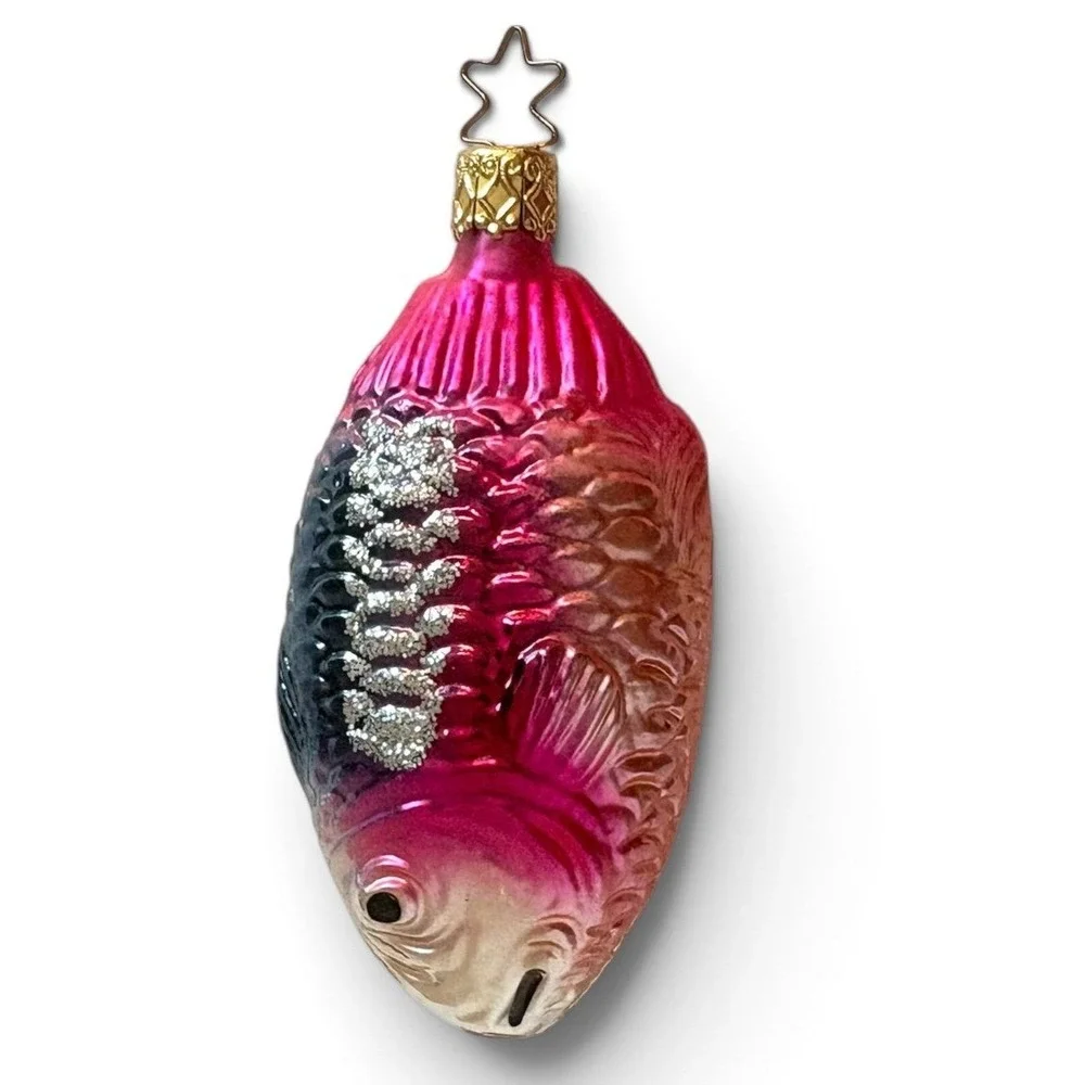 Vintage Pink Glass Fish Christmas Ornament Made in Germany Glitter Koi Carp 4in
